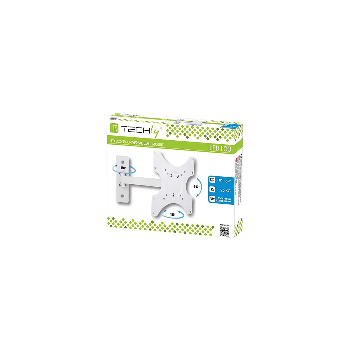 Weiße Techly TV-Wandhalterung in der Produktverpackung mit Angaben zu Neigung und Drehwinkel.