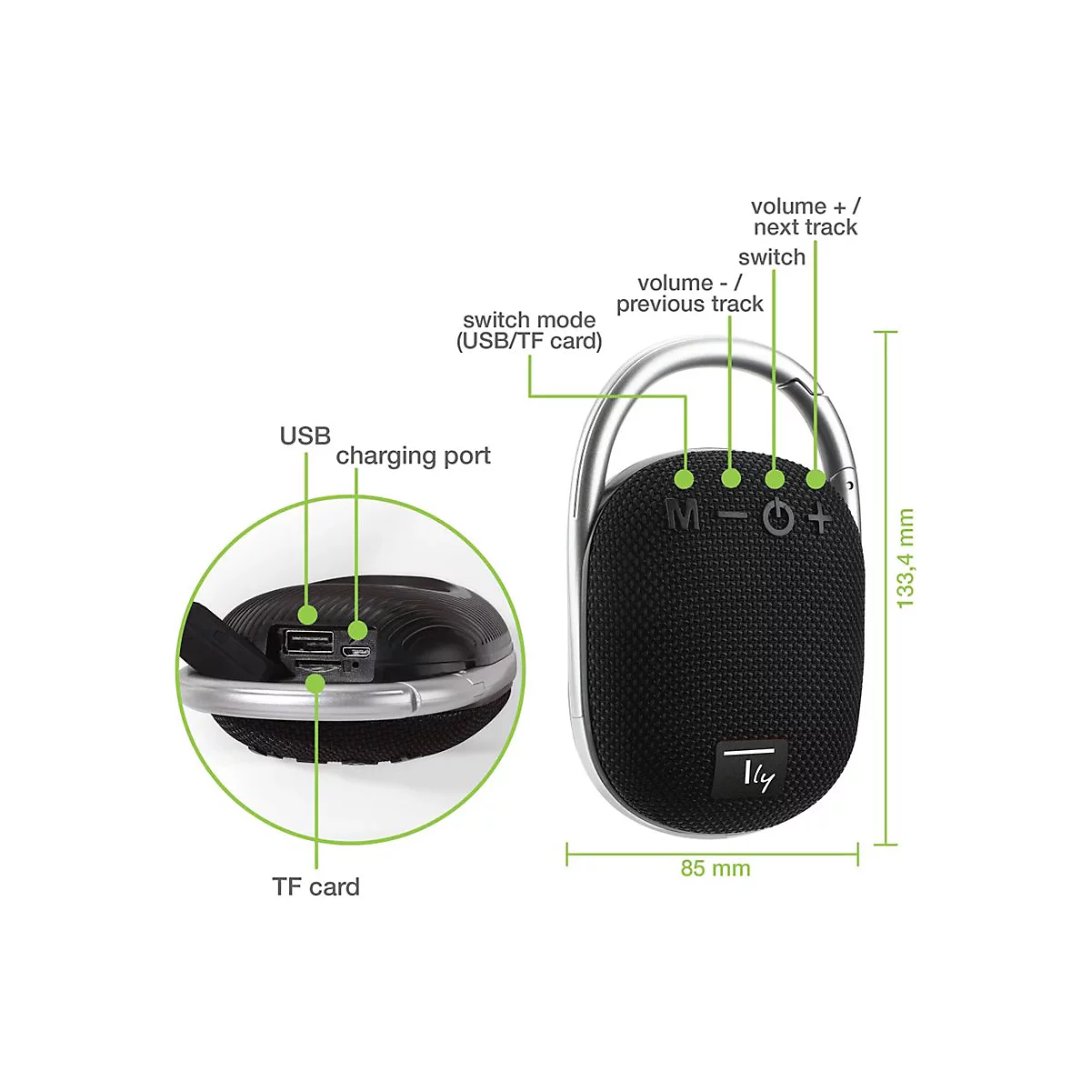 Technisches Diagramm eines ovalen schwarzen Bluetooth-Lautsprechers mit Karabinerhaken, der Tasten und Anschlüsse beschriftet.