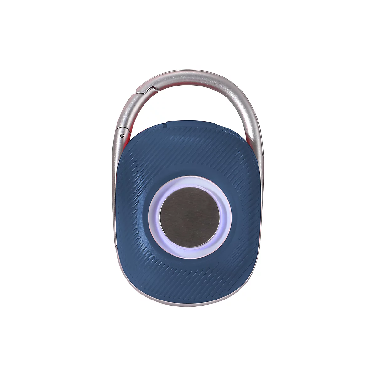 Blauer, runder Handwärmer mit silbernem Karabiner vor weißem Hintergrund.