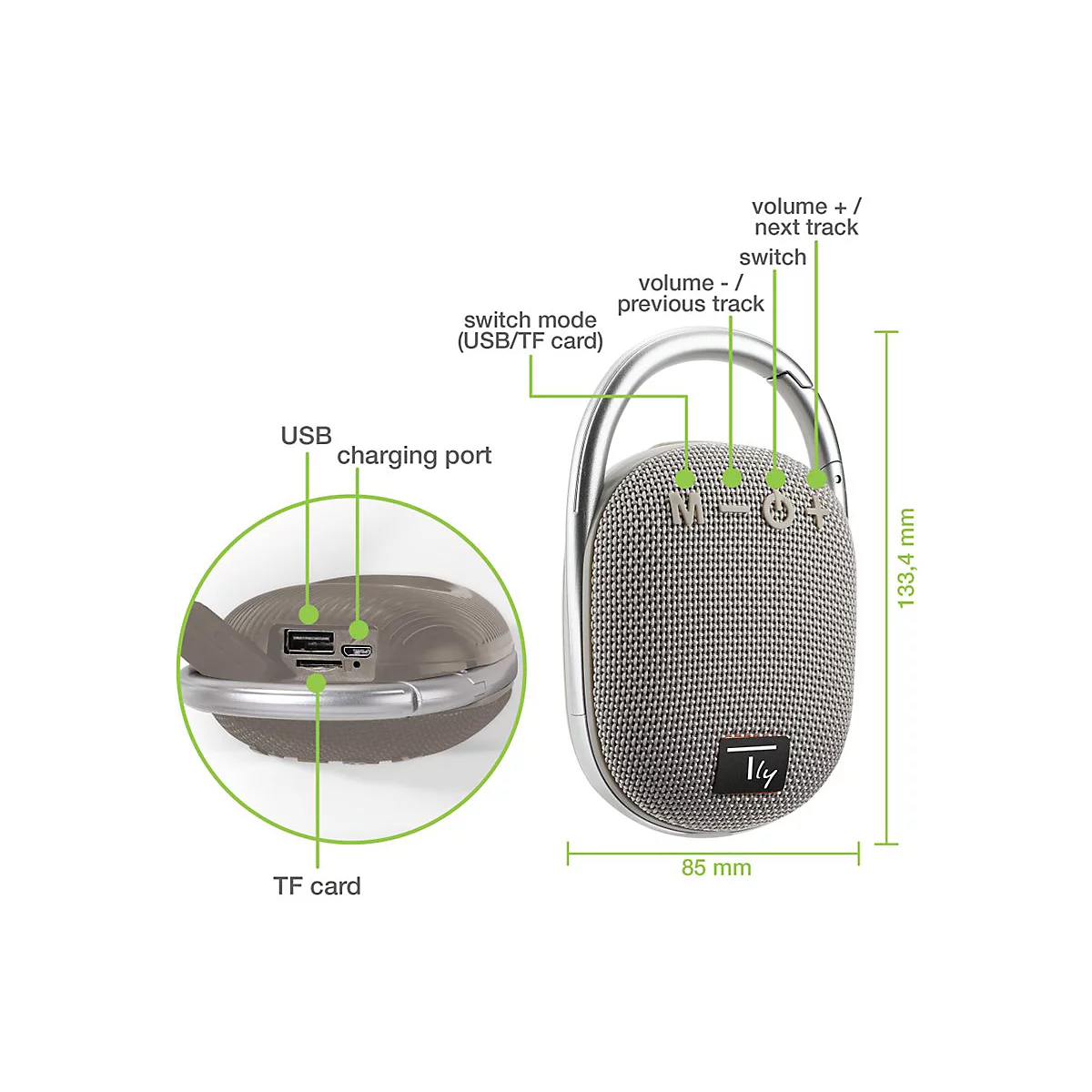 Tragbarer Bluetooth-Lautsprecher mit Beschriftungen der Bedienelemente und Anschlüsse sowie Maßangaben.