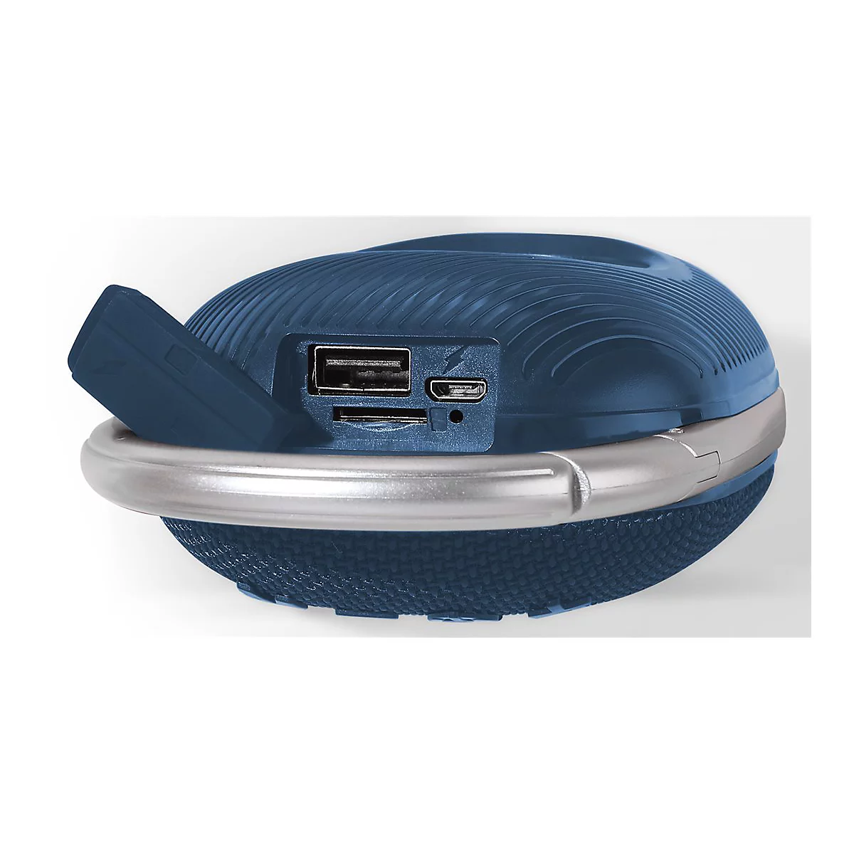 Blauer Lautsprecher mit geöffneter Abdeckung für USB- und Micro-USB-Anschlüsse.