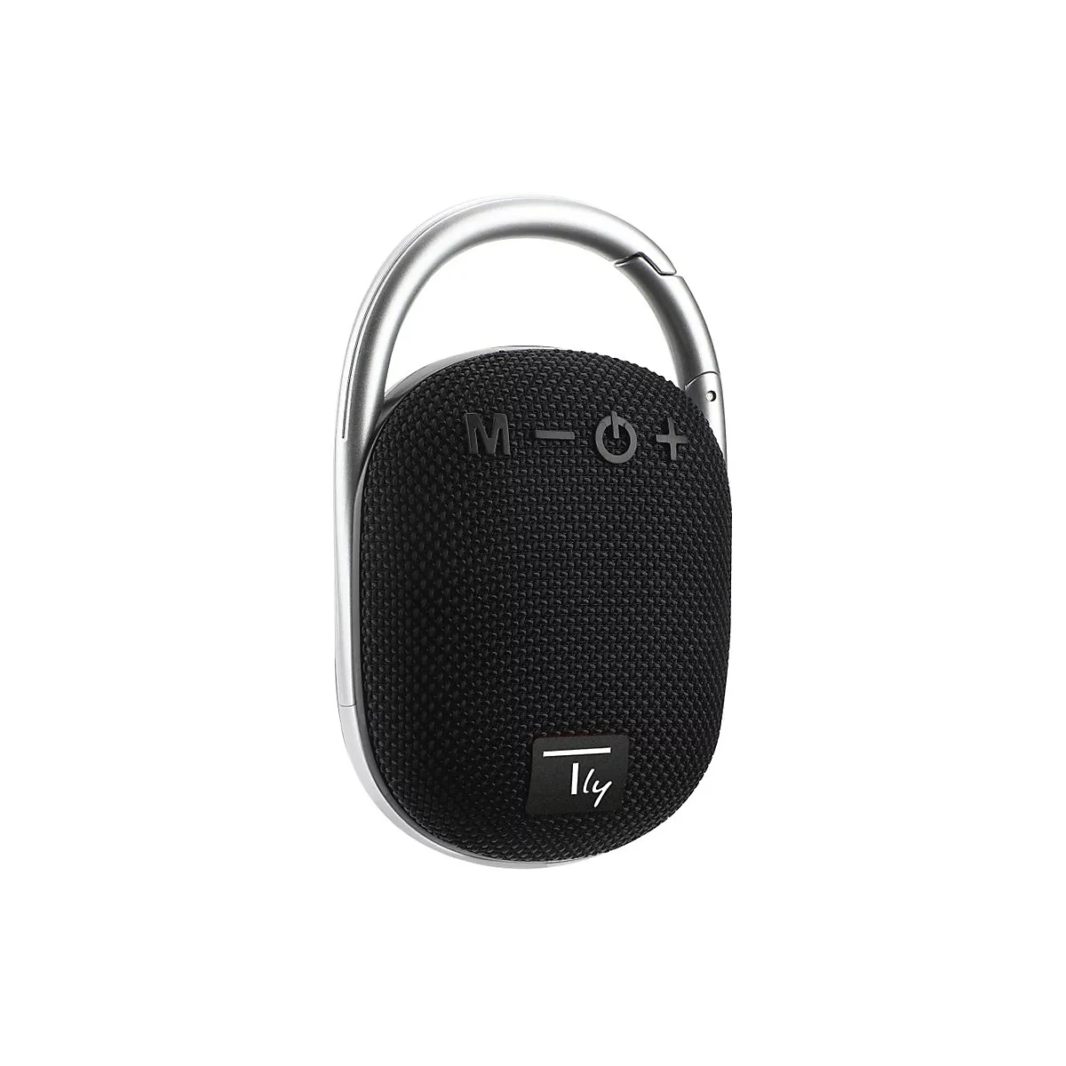 Schwarzer, ovaler Bluetooth-Lautsprecher mit silbernem Karabinerhaken und Bedienknöpfen auf der Oberseite.