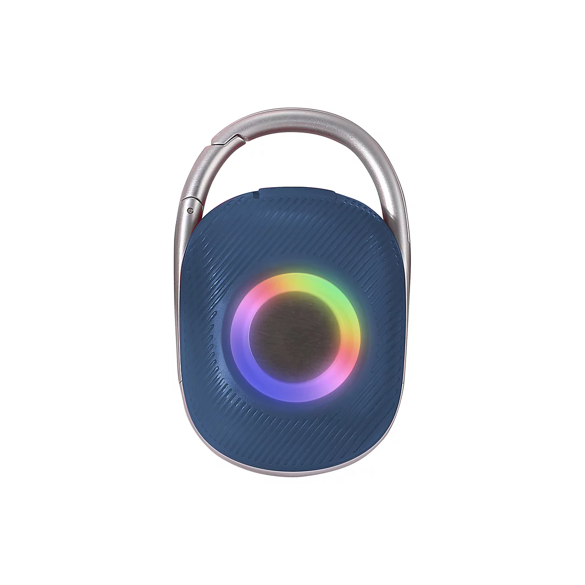 Blauer, ovaler Bluetooth-Lautsprecher mit Karabinerhaken und kreisförmiger, leuchtender RGB-Beleuchtung.
