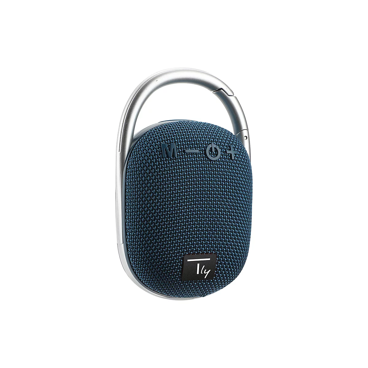 Blauer, ovaler Bluetooth-Lautsprecher mit integriertem silbernem Karabiner vor weißem Hintergrund.