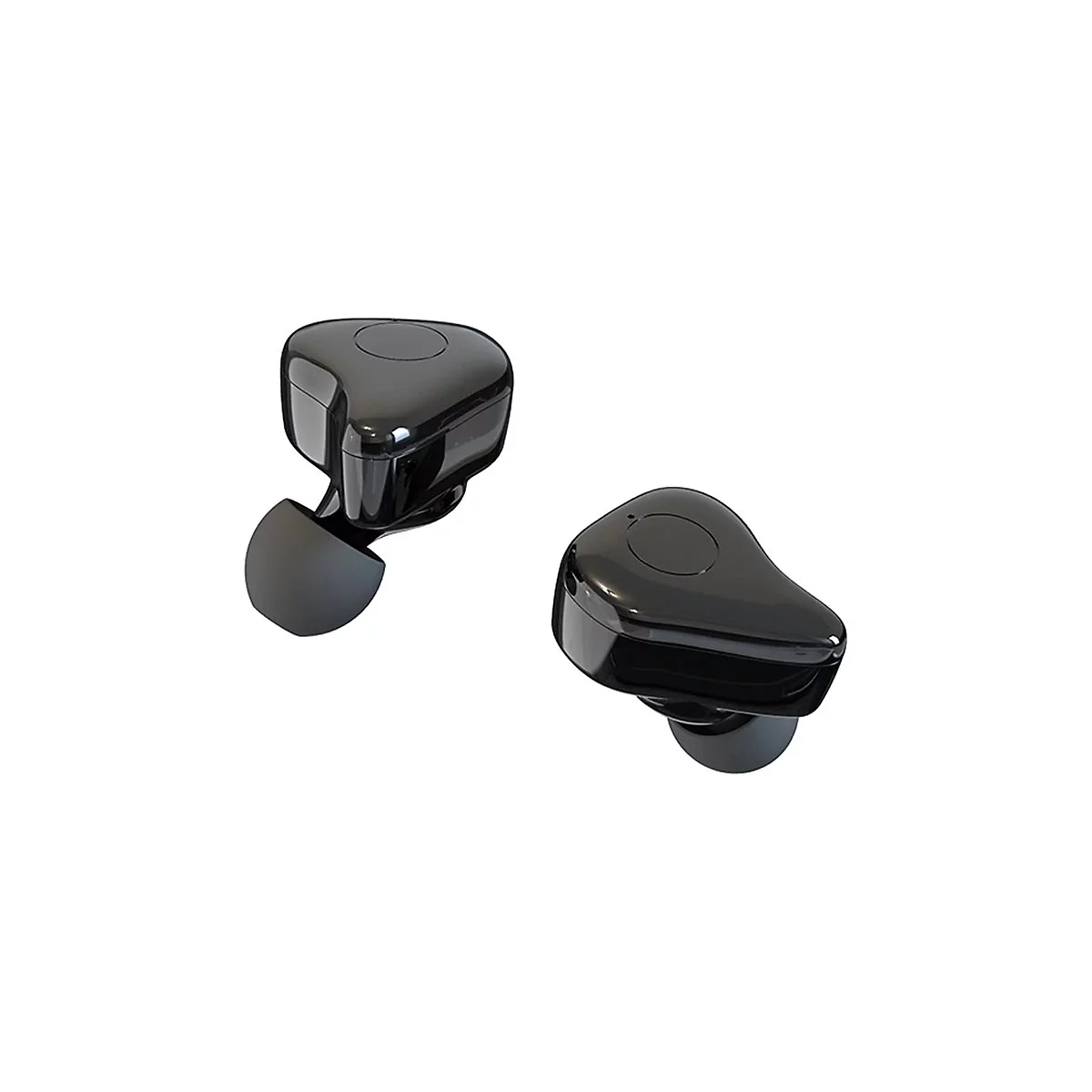 Zwei schwarze, glänzende In-Ear-Kopfhörer mit abgerundetem Design auf weißem Hintergrund.