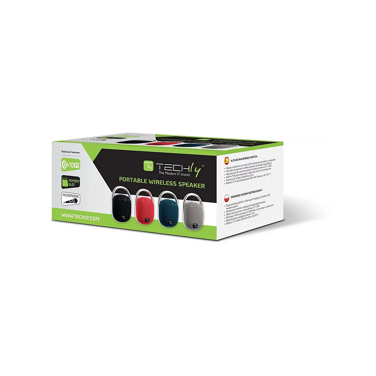 Verkaufsverpackung eines Techly tragbaren kabellosen Lautsprechers in Schwarz, Rot, Blau und Grau mit technischer Beschreibung.