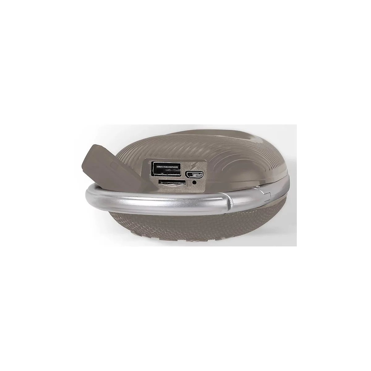 Nahaufnahme der Anschlüsse eines beigen, ovalen Geräts mit USB-, Micro-USB- und SD-Kartenslot.