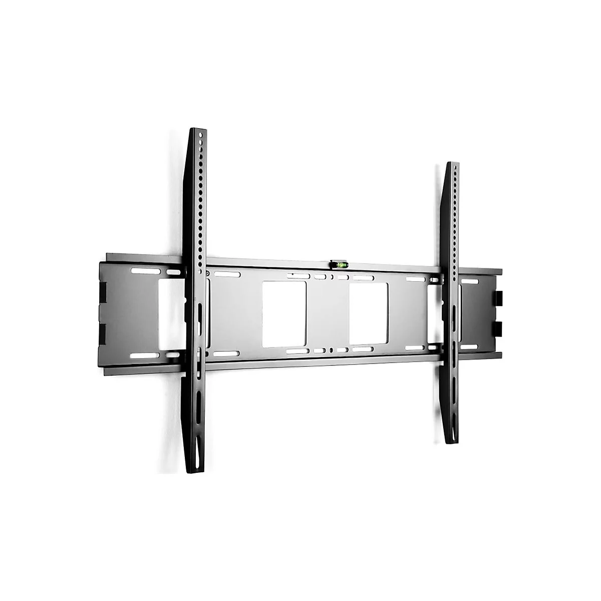 Schwarze TV-Wandhalterung aus Metall mit integrierter kleiner Wasserwaage vor weißem Hintergrund.