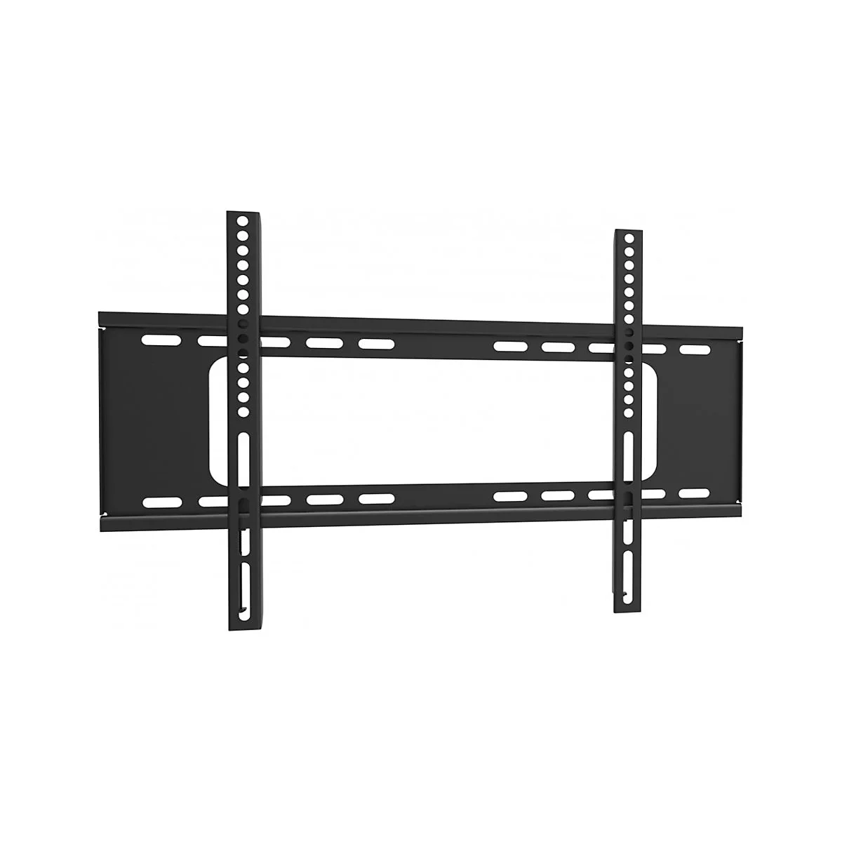Schwarze TV-Wandhalterung aus Metall mit einer horizontalen Schiene und zwei vertikalen Montagearmen.