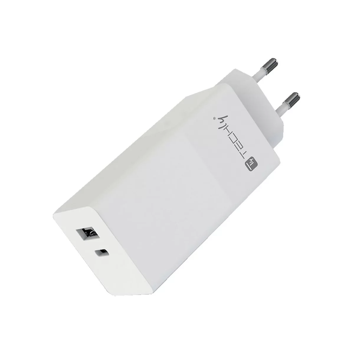 Weißes Techly USB-Ladegerät mit einem USB-A- und einem USB-C-Anschluss vor weißem Hintergrund.