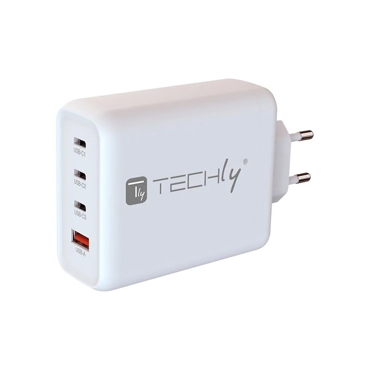 Weißes TECHLY USB-Ladegerät mit drei USB-C-Anschlüssen und einem USB-A-Anschluss vor neutralem Hintergrund.