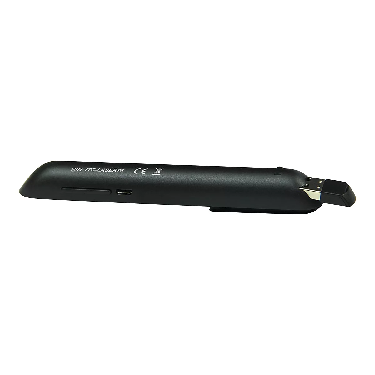 Schwarzer Laserpointer mit USB-Anschluss vor weißem Hintergrund.