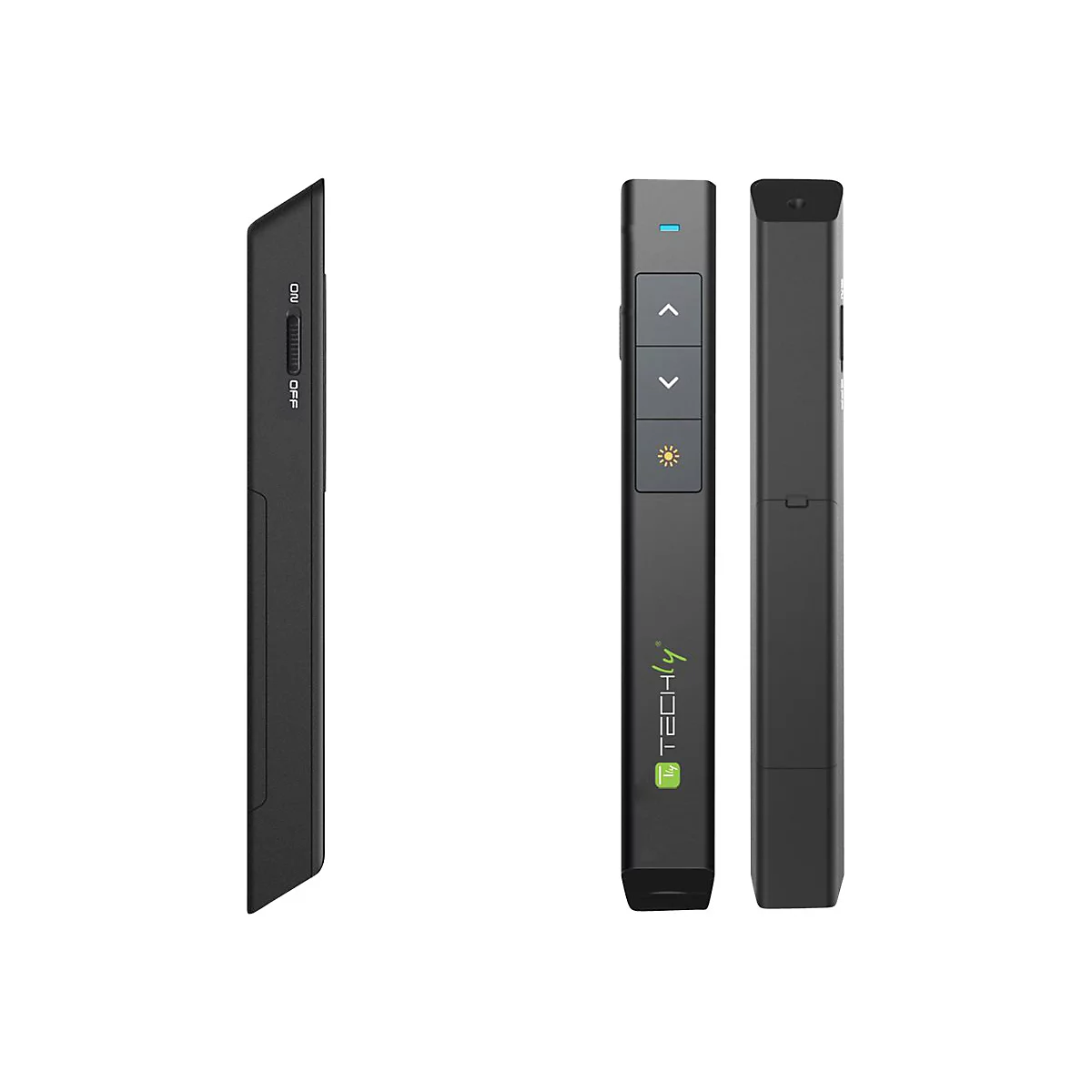 Drei Ansichten eines schwarzen Techly Presenter-Stifts mit Tasten, Schiebeschalter und Logo auf weißem Grund.