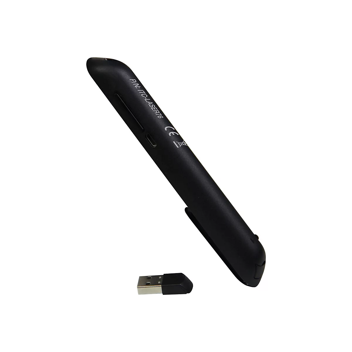 Schwarzer Laserpointer mit USB-Empfänger auf weißem Hintergrund, beschriftet mit P/N: ITC-LASER76.