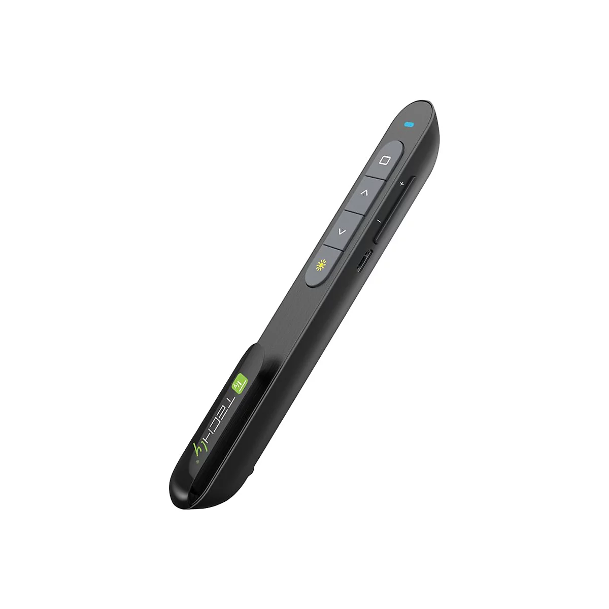 Schwarzer kabelloser Präsentations-Pointer mit Bedienknöpfen, Techly-Logo und USB-Anschluss vor weißem Hintergrund.