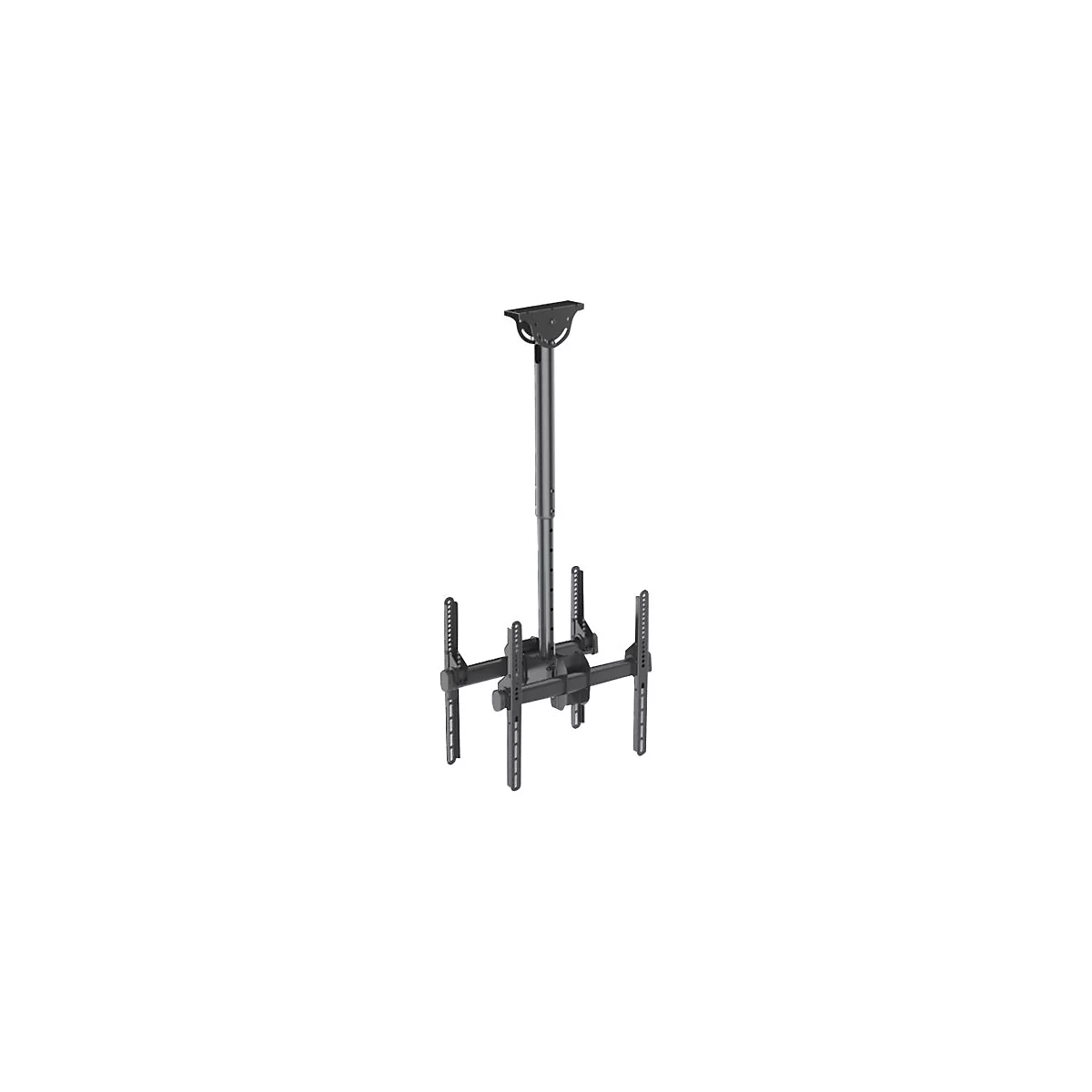 Schwarze Deckenhalterung fÃ¼r einen Fernseher. Das Produkt ist aus Metall gefertigt.