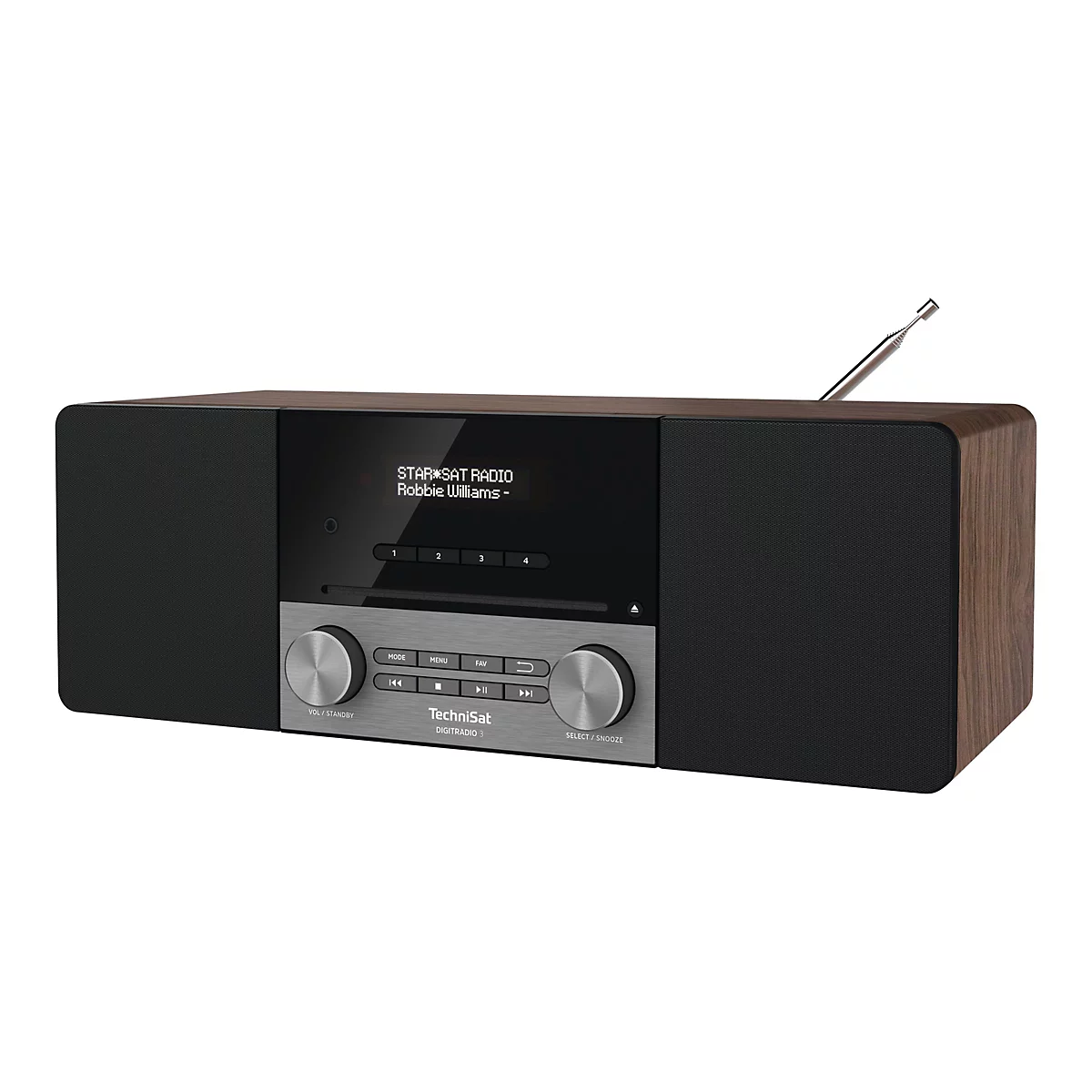 Ein Radiogerät mit Holzoptik und schwarzem Gehäuse. Auf dem Display steht „STAR*SAT RADIO Robbie Williams“. Es hat Knöpfe für die Bedienung und eine Antenne.