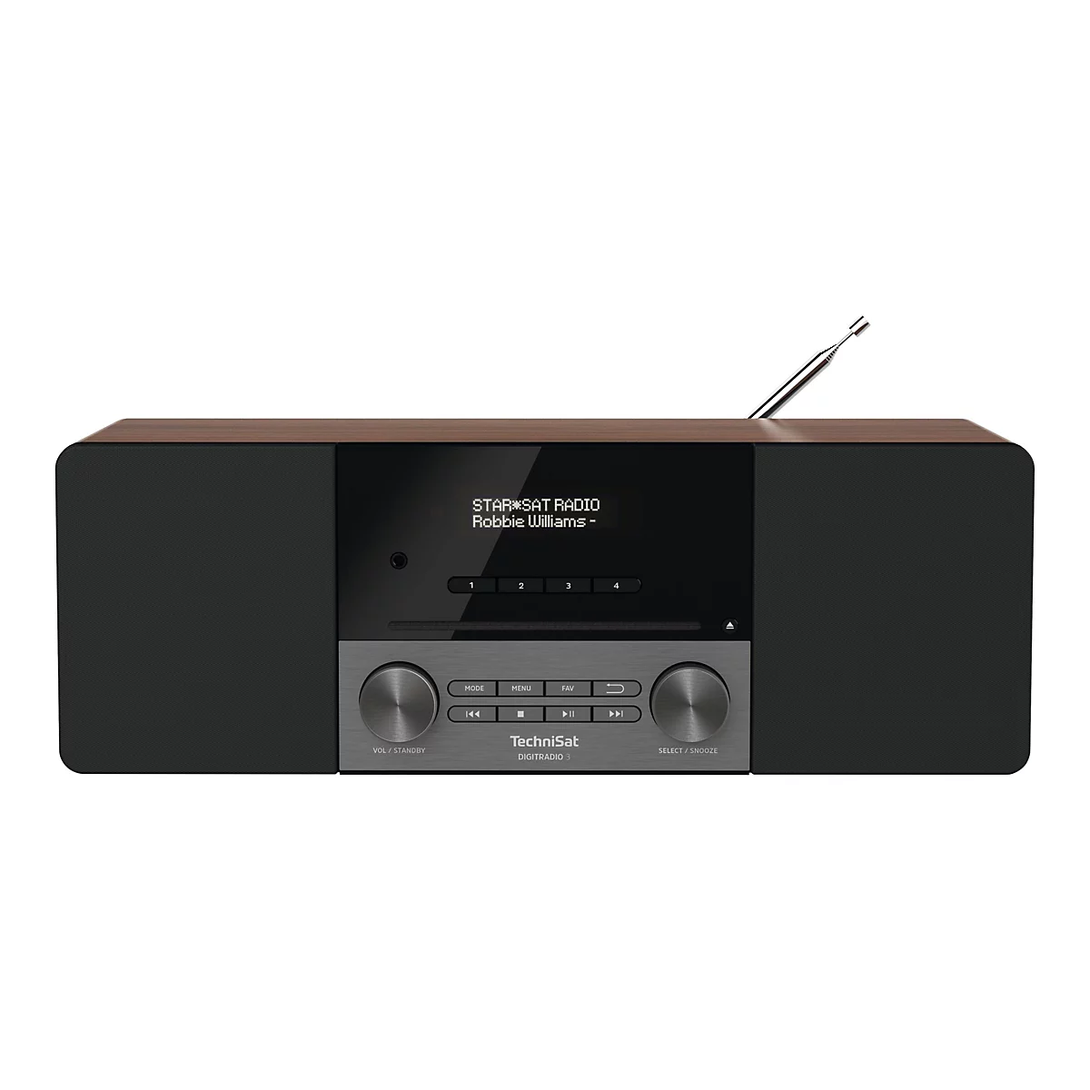 Ein schwarzes TechniSat-Radio mit ausziehbarer Antenne. Auf dem Display steht "STAR*SAT RADIO Robbie Williams". Bedienknöpfe sind unten angeordnet.