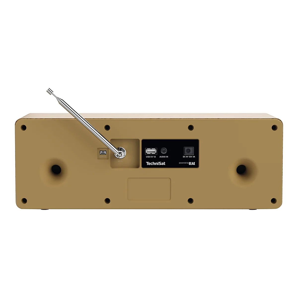 Rückansicht eines goldfarbenen Radios mit Antenne und verschiedenen Anschlüssen. Aufgedruckt sind Logos und Texte.