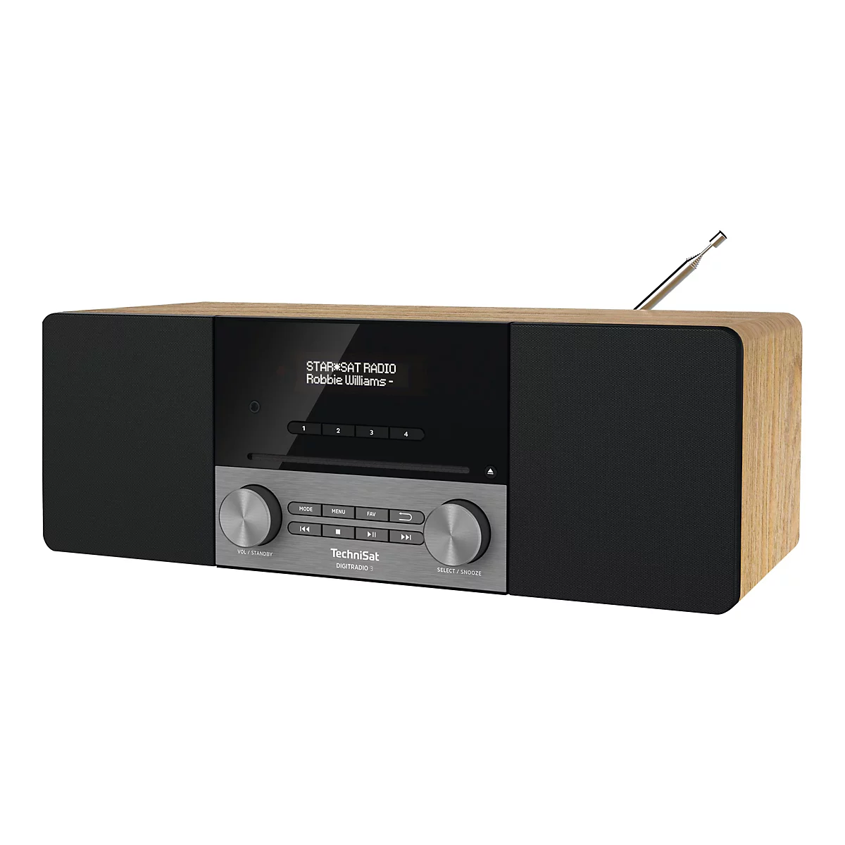 Ein schwarzes TechniSat Digitalradio mit Holzoptik an den Seiten und einer ausziehbaren Antenne. Auf dem Display läuft Musik von Robbie Williams.