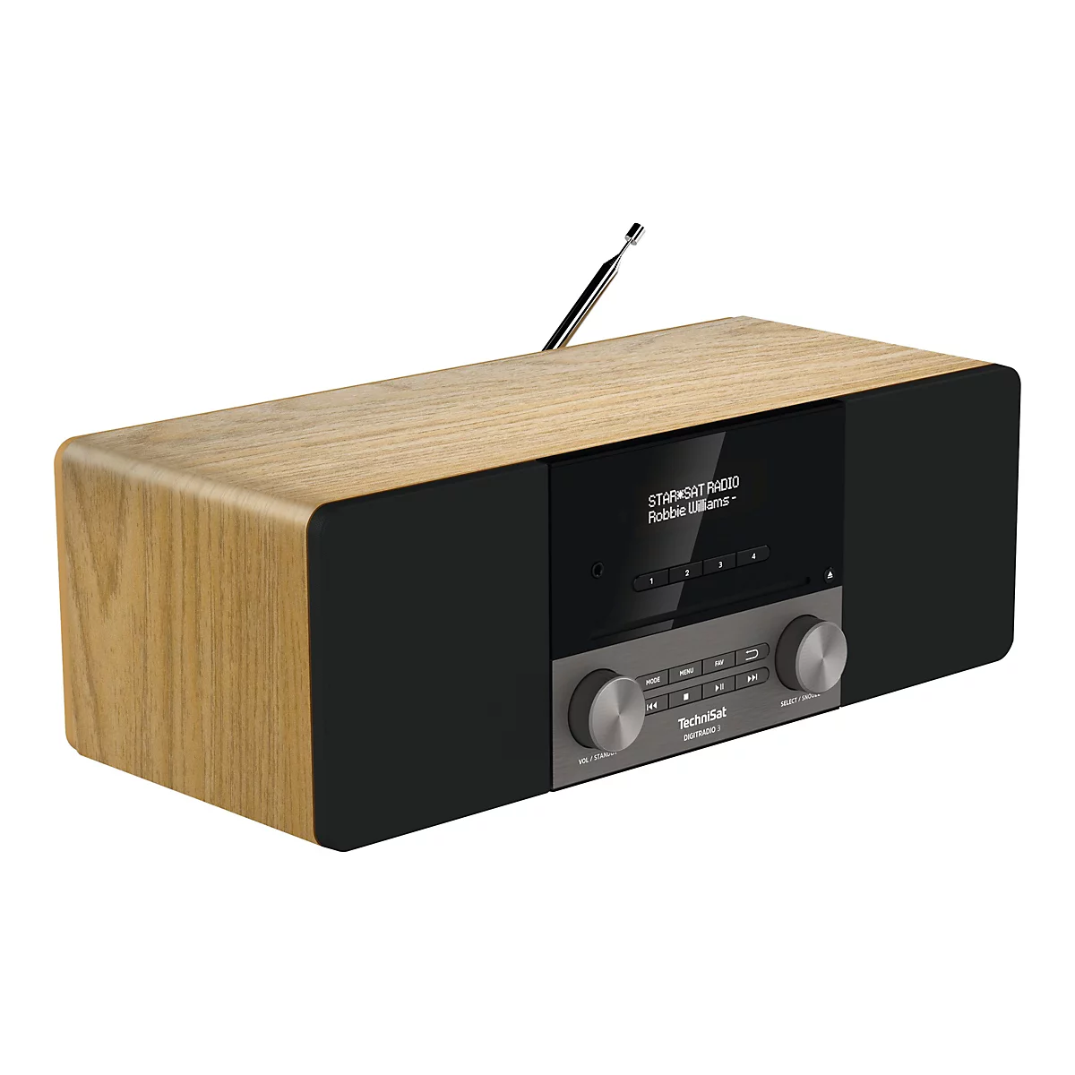 Ein helles Radio mit Holzoptik und einem schwarzen Display, auf dem "STAR SAT RADIO Robbie Williams" steht.