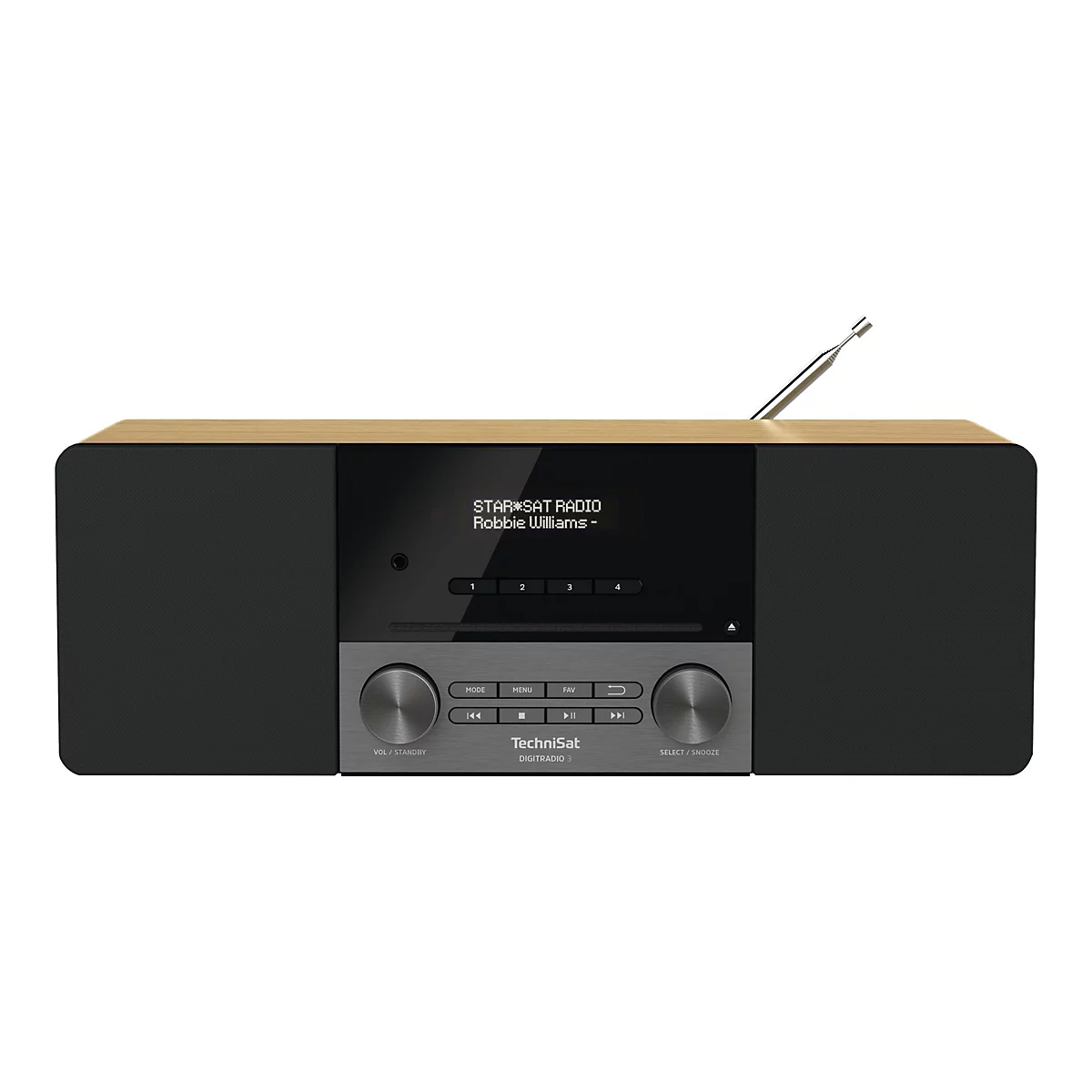 Ein schwarzes Digitalradio mit Holzdekor. Auf dem Display steht STAR*SAT RADIO - Robbie Williams. Unten Knöpfe und Drehregler.