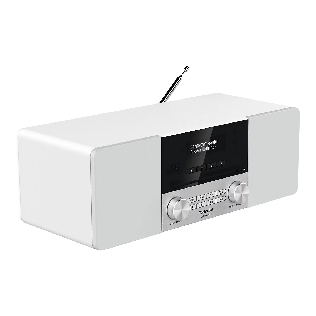 Weißes Digitalradio mit Antenne, Display und Bedienelementen. Auf dem Display steht STAR SAT RADIO und Robbie Williams.