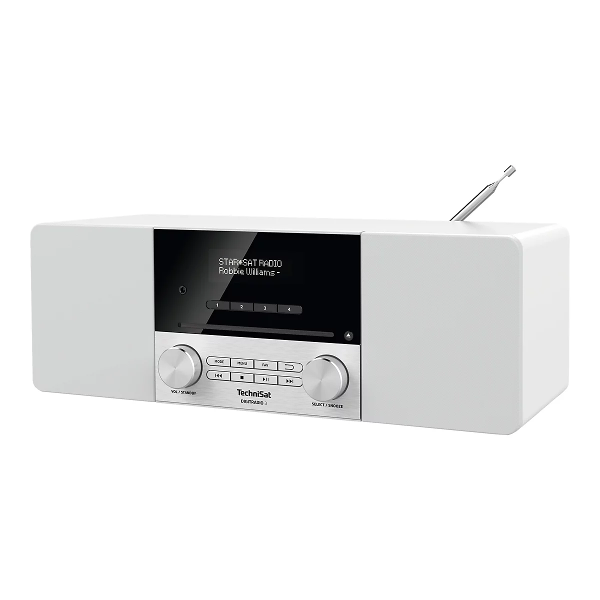 Weißes TechniSat-Radio mit Display, Drehreglern und Antenne. Auf dem Display wird ein Sender und Künstler angezeigt.