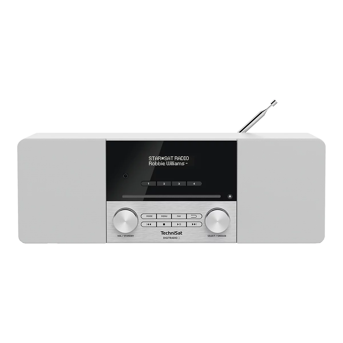 Graues Digitalradio mit Display, Drehreglern und Antenne. Auf dem Display steht STAR SAT RADIO, Robbie Williams.