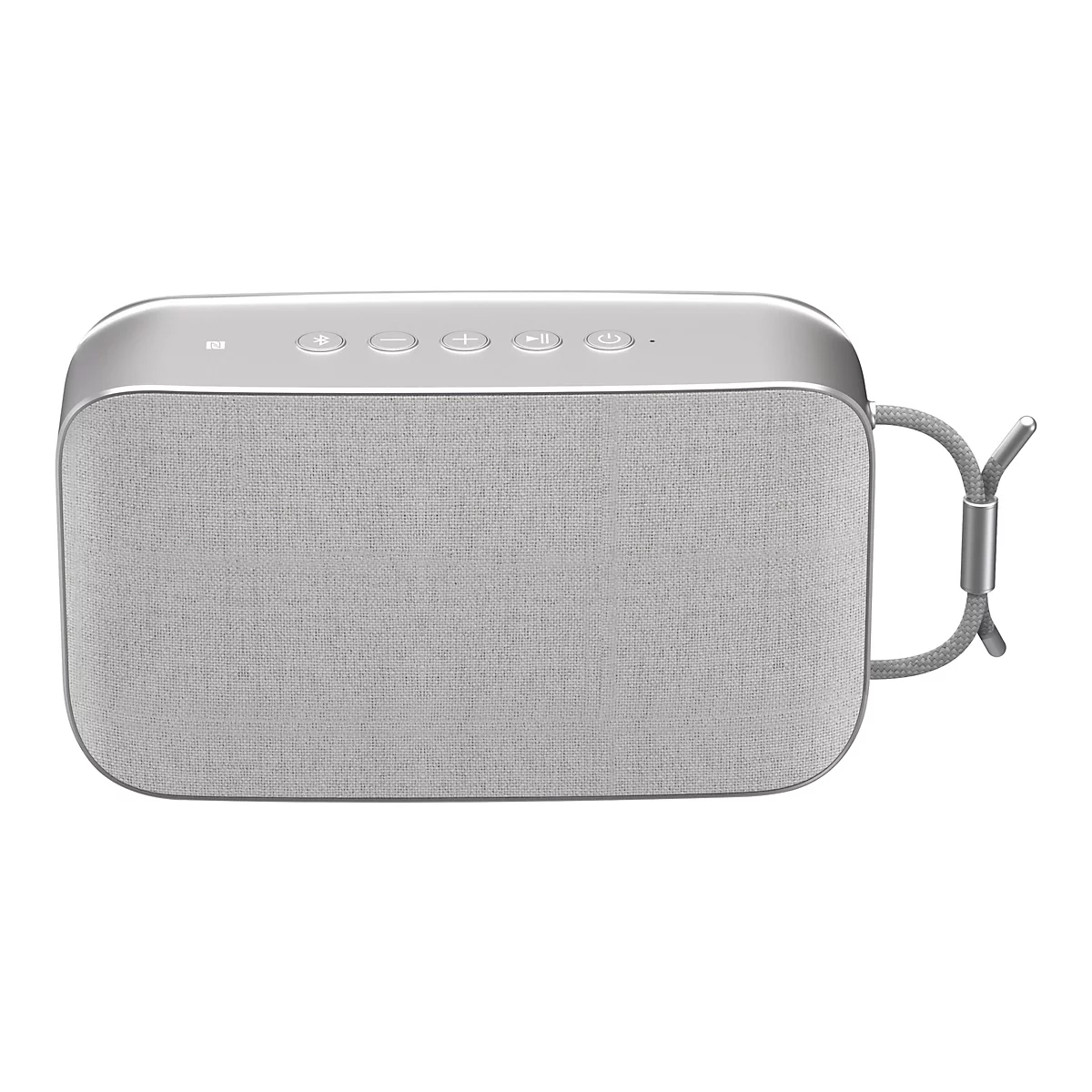 Grauer Bluetooth-Lautsprecher mit Stoffbezug, Metallrahmen und Bedienelementen.