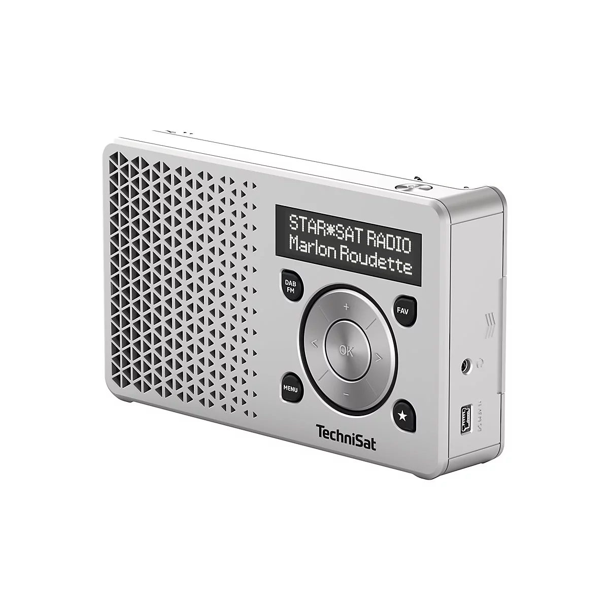 Silbernes Radio mit Display, darauf STAR*SAT RADIO, Marlon Roudette. Am GehÃ¤use: KnÃ¶pfe, Lautsprechergitter und USB.
