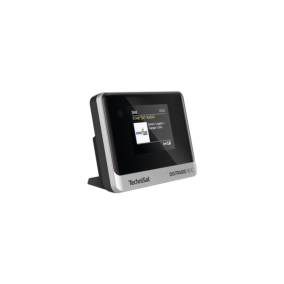 Ein digitales Radio von Technisat, mit DAB-Anzeige und laufendem Radioprogramm. Auf dem Display sind Informationen Ã¼ber den Sender, Musiktitel und die Uhrzeit zu sehen.