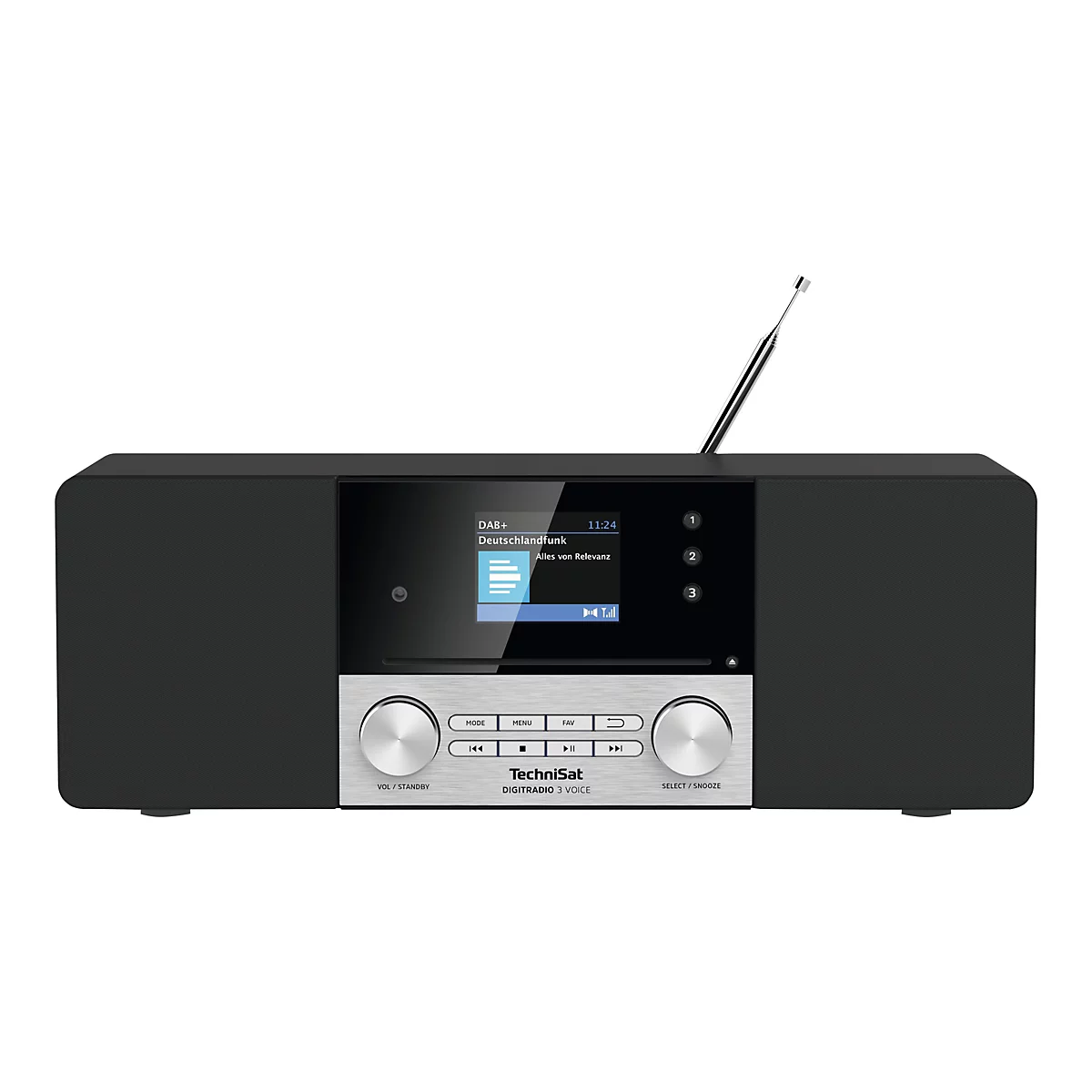 Ein schwarzes Digitalradio von TechniSat mit Display, Knöpfen und Antenne. Das Display zeigt den Sender Deutschlandfunk an. Unten steht „DIGITRADIO 3 VOICE“.