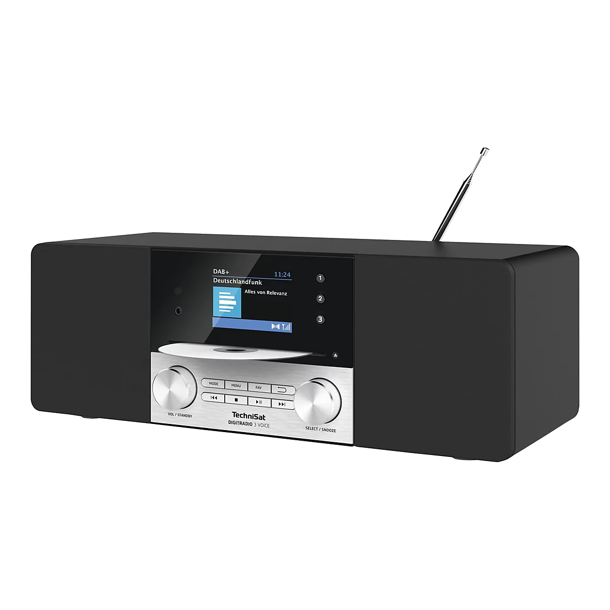 Schwarzes TechniSat DAB+ Radio, Display mit Sender- und Zeitangabe, silberne Bedienelemente, CD-Fach.