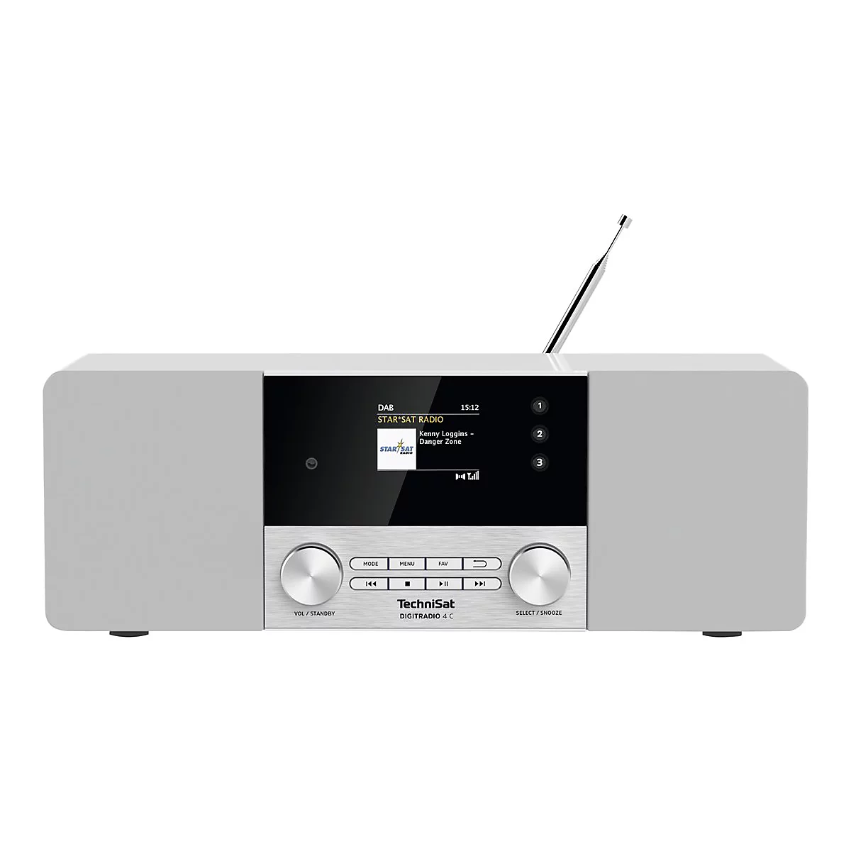 Ein weiÃŸes TechniSat-Radio mit schwarzem Bildschirm, KnÃ¶pfen und Antenne. Auf dem Bildschirm werden Radiosender-Informationen angezeigt.