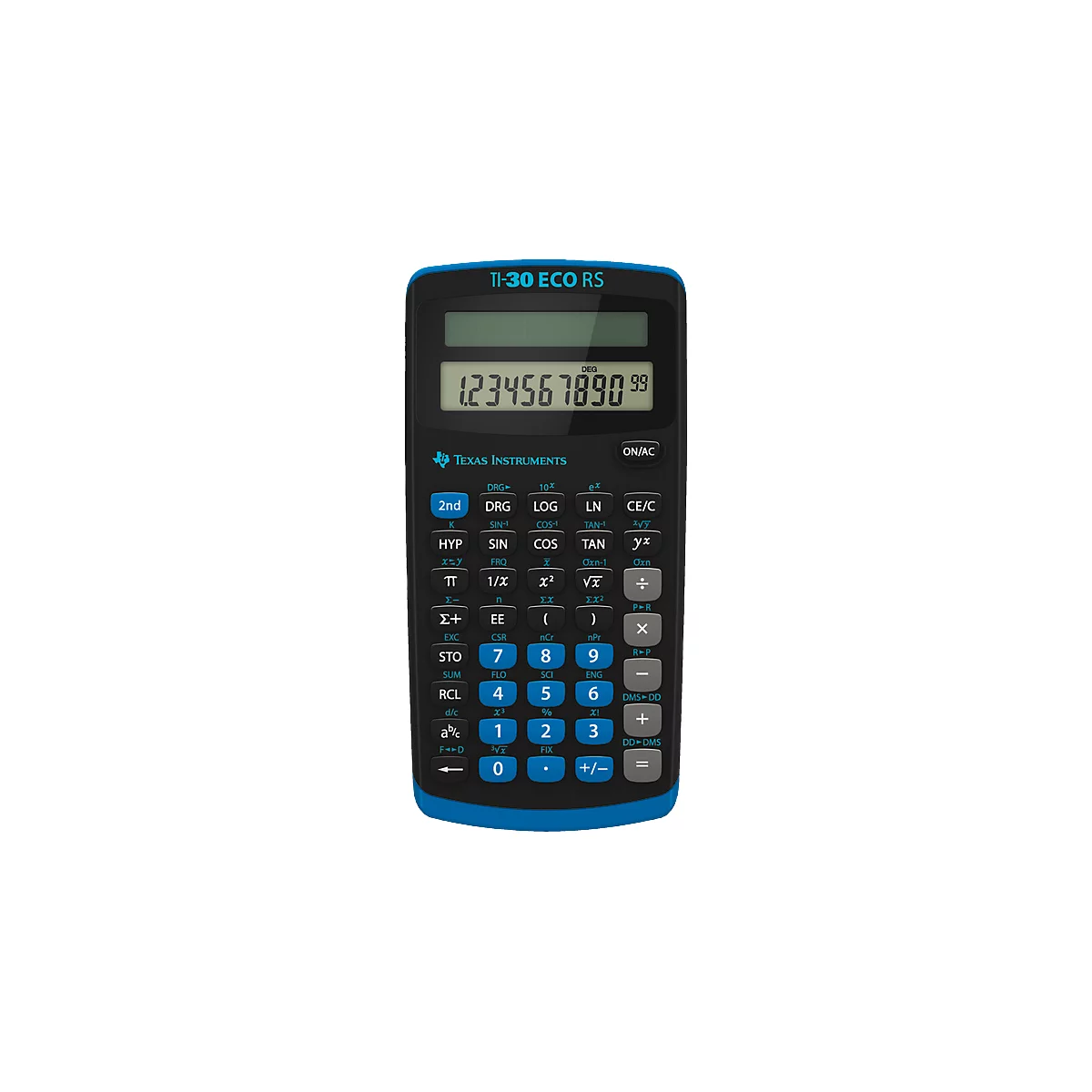 Ein schwarzer Taschenrechner mit blauen Akzenten und einer Anzeige mit der Zahl 1234567890.99.