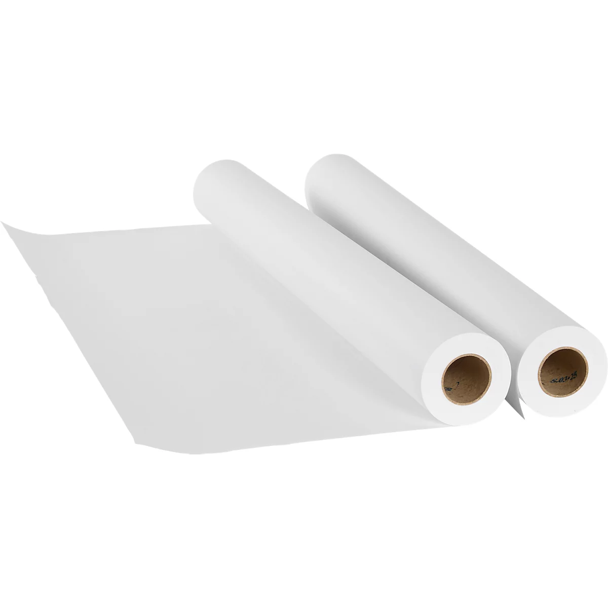 Deux rouleaux de papier blanc et une feuille de papier sur fond blanc.