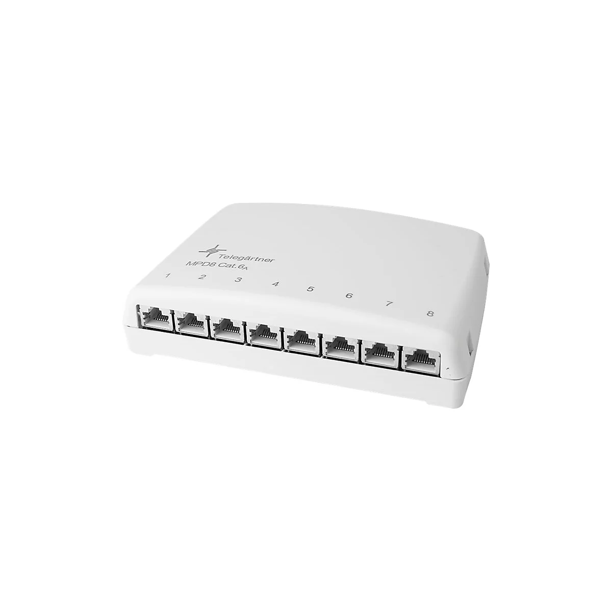 Ein weißes TeleGärtner MPD8 Cat.6A-Netzwerkgerät mit 8 Ethernet-Anschlüssen. Aufschrift: 1-8.