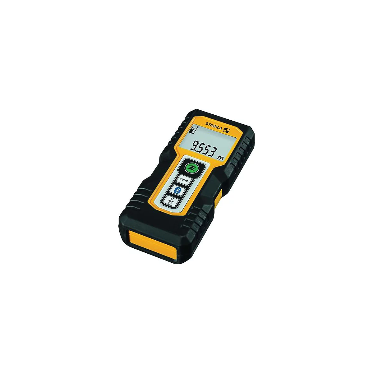 Un télémètre laser jaune et noir avec écran affichant : 9.553 m. Boutons : Func, Bluetooth, C/O.