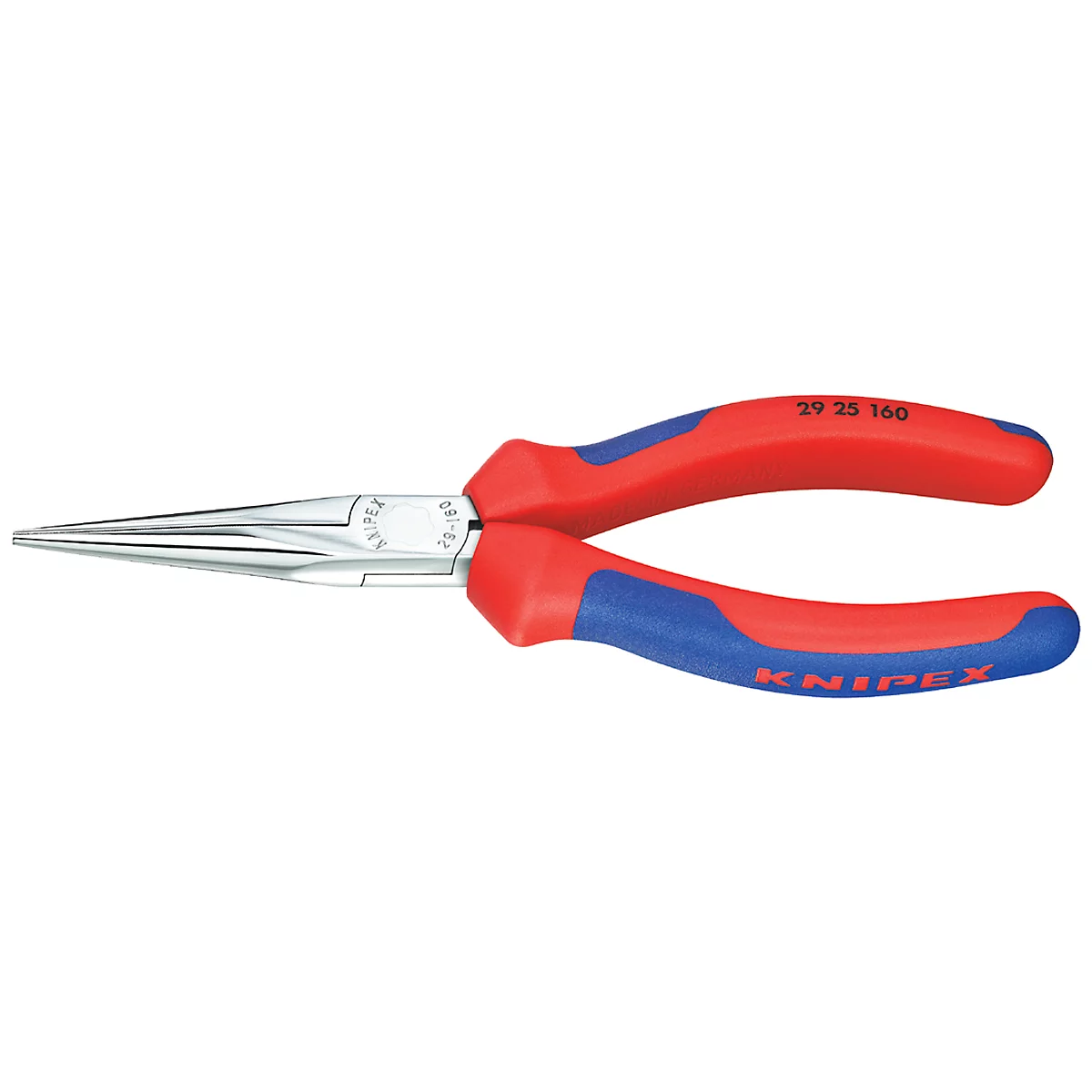 Needle-nose pliers with red and blue handles. Text: KNIPEX. Model name and size.