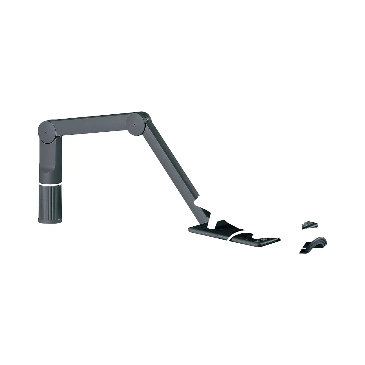 A gray and black monitor arm. Various joints allow flexibility. Various attachments are next to it.