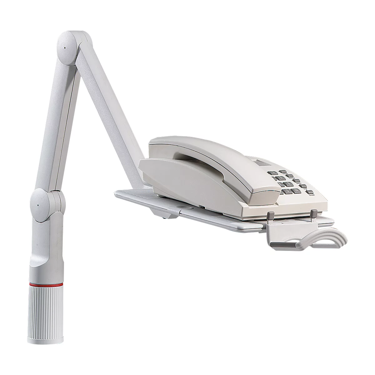 Fixed-line phone with stand. The arm is white, the phone gray, the buttons are black.
