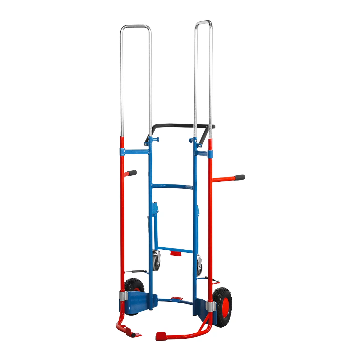 A red, blue, and silver stair climber. It has large wheels, handles and a platform for carrying loads.