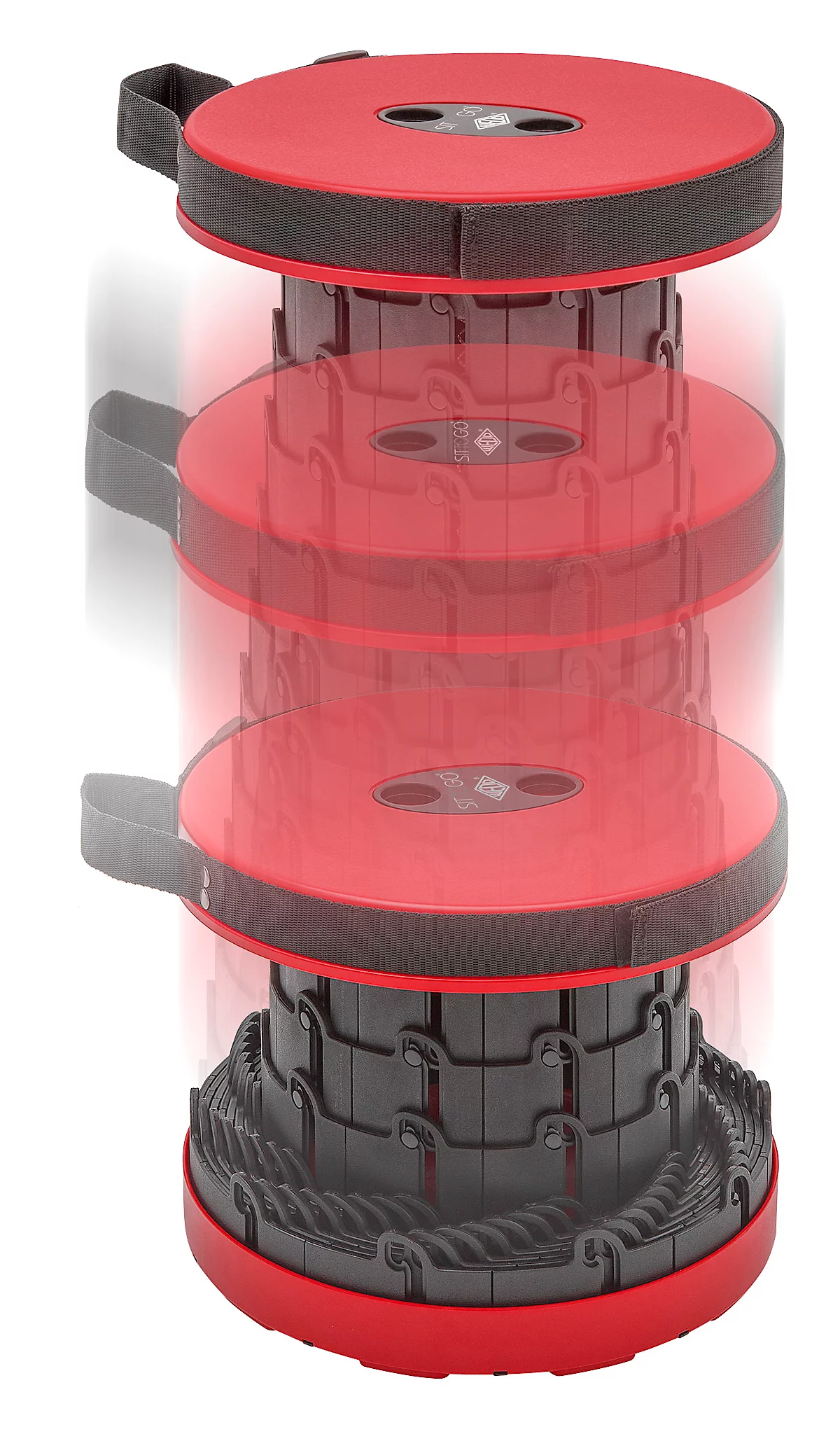 Telescopische kruk WEDO SITTOGO, Ø 255 x H 65-440 mm, belastbaar tot 130 kg, met draagbeugel & schouderriem, kunststof, rood