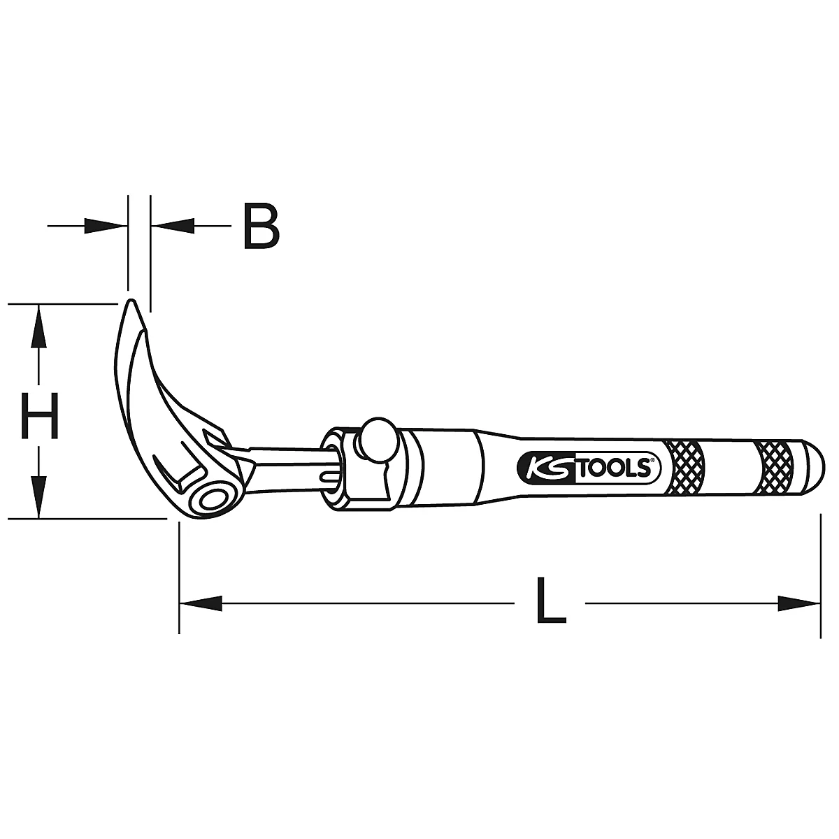 Zeichnung eines Werkzeugs: gebogene Spitze, Griff mit 'KS TOOLS' Logo, Längen- und Breitenangaben.