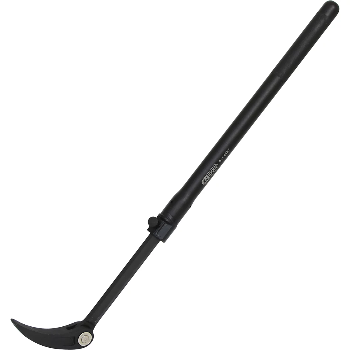 Eine schwarze Brechstange, leicht angewinkelt, mit rundem Griff. Auf dem Stiel steht in kleiner Schrift 'KS TOOLS'.