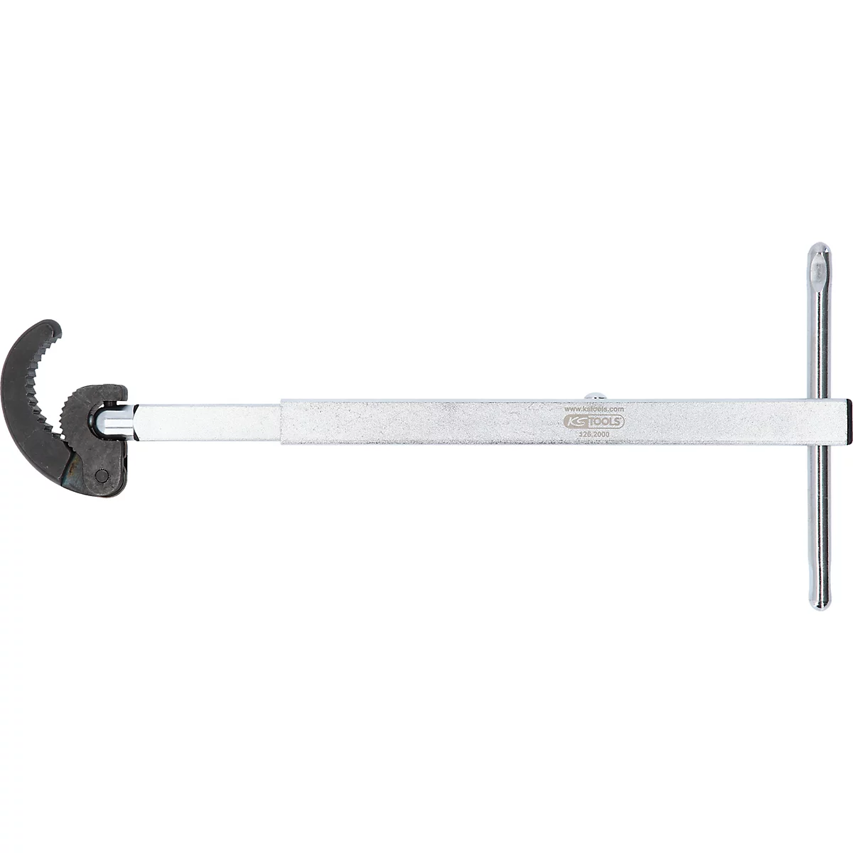 Ein verstellbarer Hakenschlüssel aus Metall, mit T-Griff. Der Schlüssel ist für Arbeiten an Achsmuttern und anderen runden Teilen gedacht.