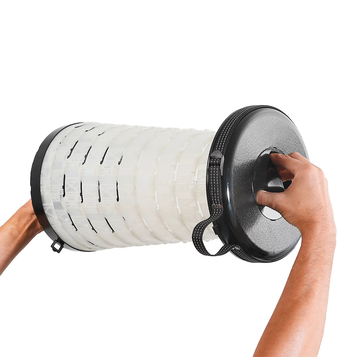 Teleskophocker WEDO® SITTOGLOW®, 3-stufige LED-Funktion, 10-stufig höhenverstellbar, Trageriemen, bis 130 kg, IPX4, B 262 x H 70-420 mm, schwarz