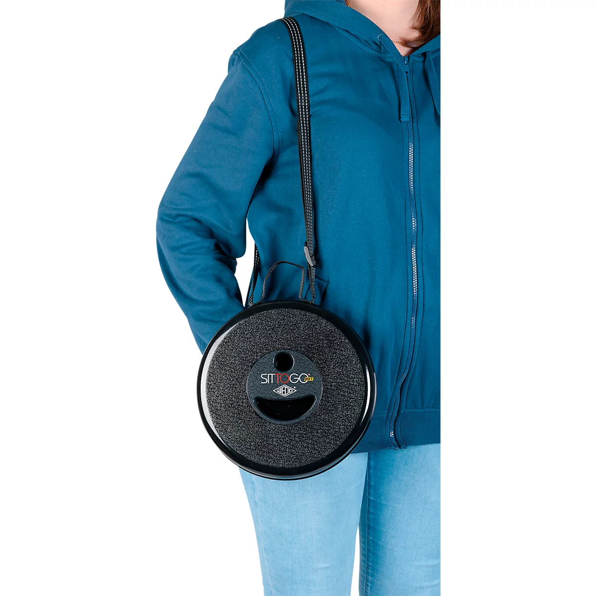 Teleskophocker WEDO® SITTOGO®NXT, zusammenschiebbar, höhenverstellbar, mit Umhängegurt, bis 150 kg, ABS-Kunststoff, schwarz