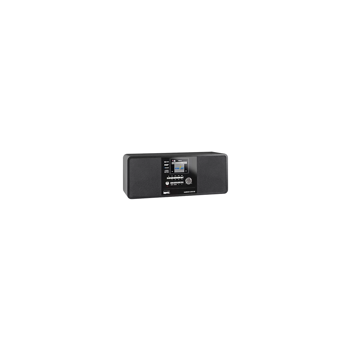 Schwarzes Digitalradio Imperial Dabman i200 CD mit Display, Lautsprechern und Bedienknöpfen auf weißem Grund.